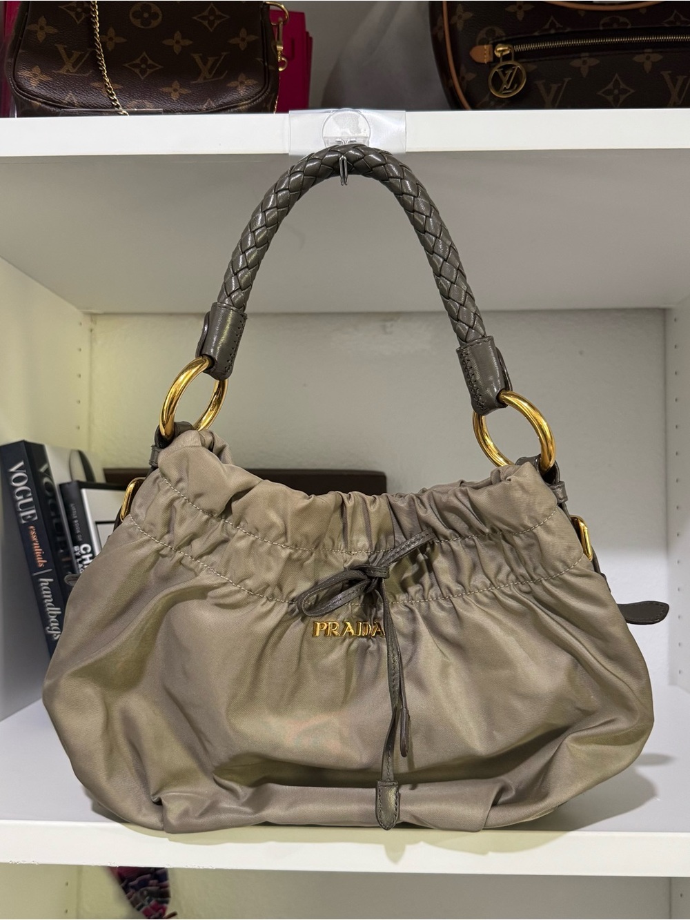 Prada Olive Drawstring Shoulder Bag with Black Braided Handle